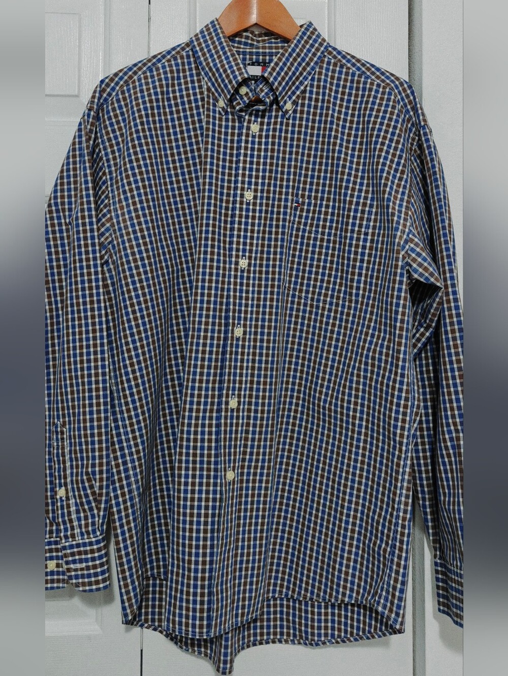 Tommy Hilfiger Blue and Brown Plaid Button-Up Shirt Size L